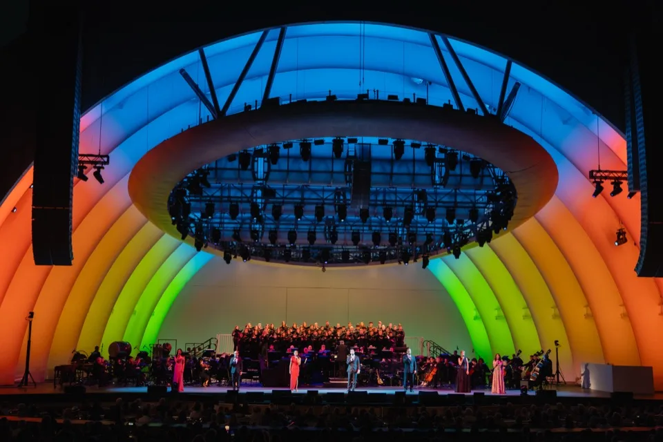 The company of Do You Hear The People Sing? at the Hollywood Bowl